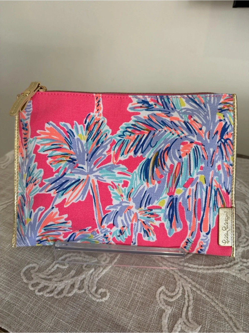 Lilly Pulitzer Pink Tropical Palm Pattern Top Zip Case with Gold Tone Trim